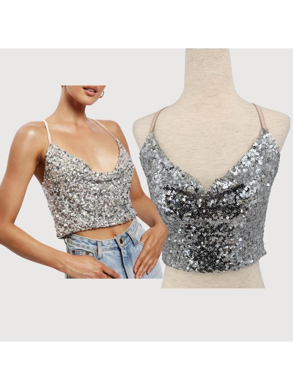 Meshki Nikita Sequin Cowl Neck Crop Top Silver XS